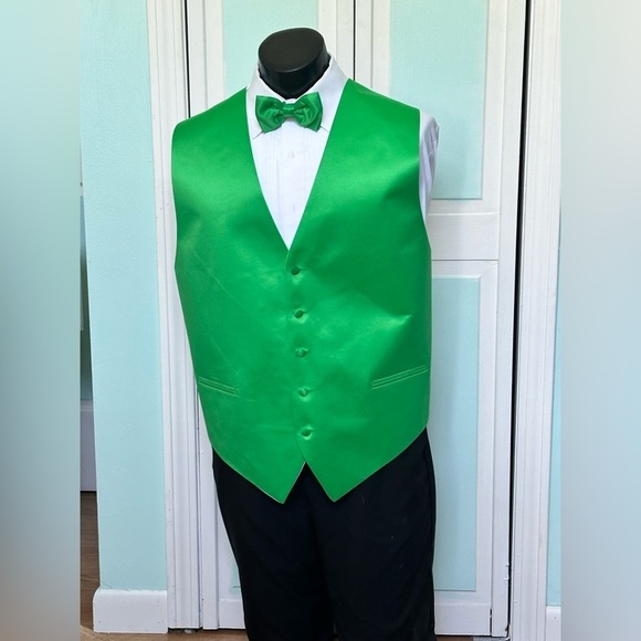 Kelly Green Bright Satin Closed Back Vest Wedding Prom Men’s 2X 2XL with bow tie